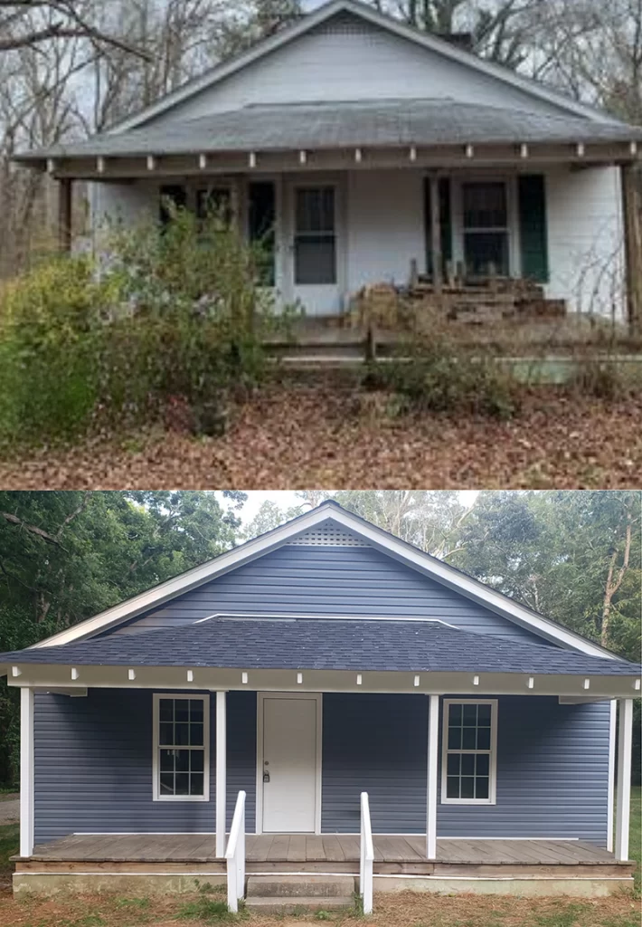 Photo of local family's homeplace overgrow and deteriorating. Along with photo of remodeled exterior with new siding, windows and debris removal